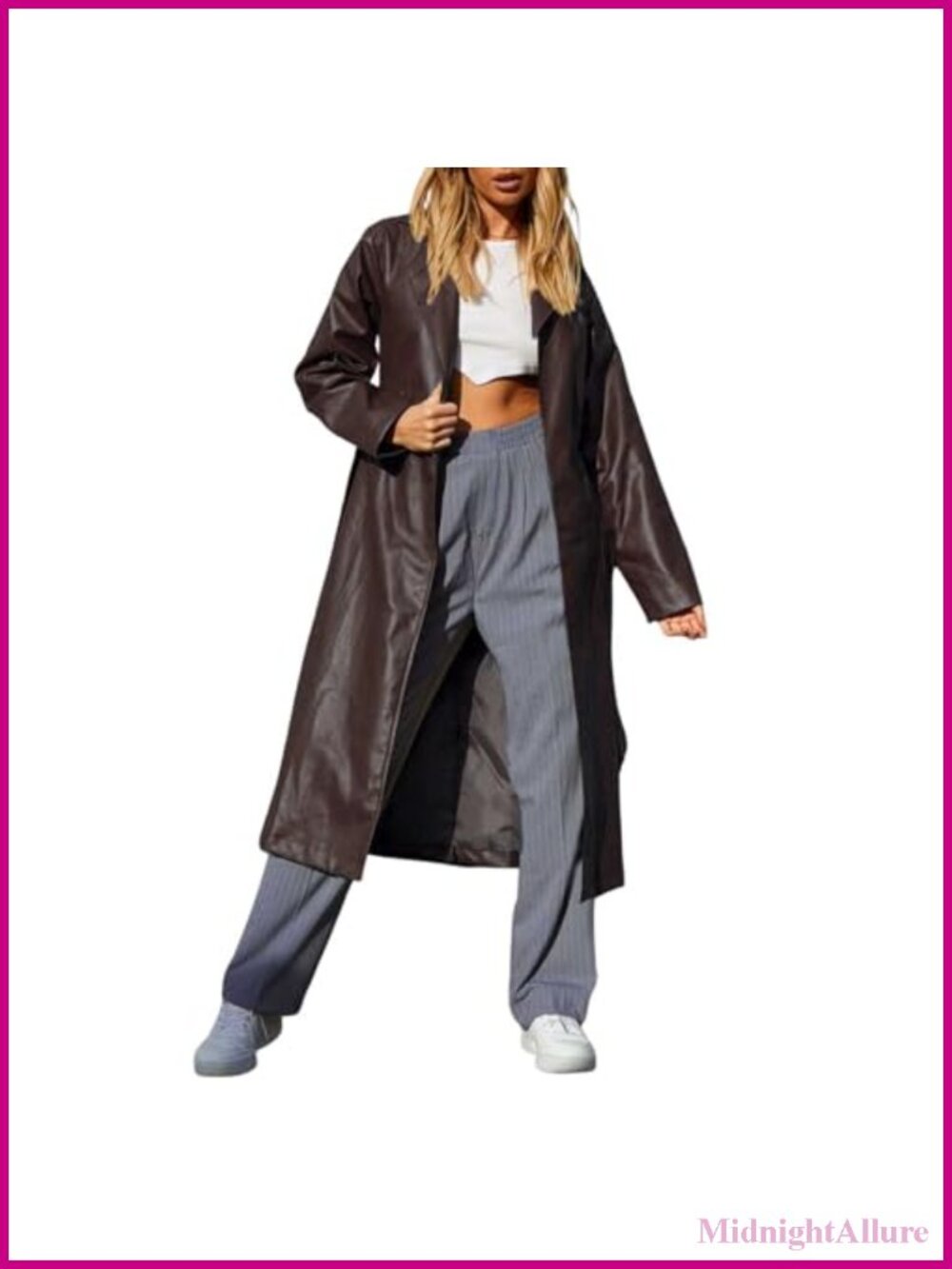 Women's Faux Leather Long Trench Coat with Belt Open Front Casual